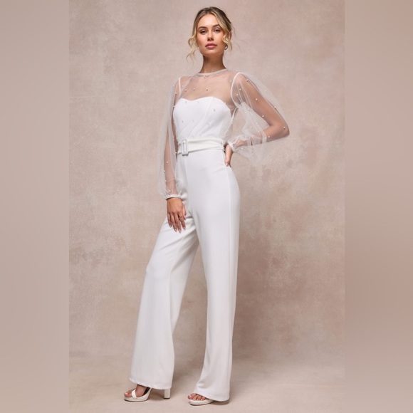 NWOT Lulus Lavish Darling White Mesh Pearl Belted Wide-Leg Jumpsuit - Picture 4 of 9